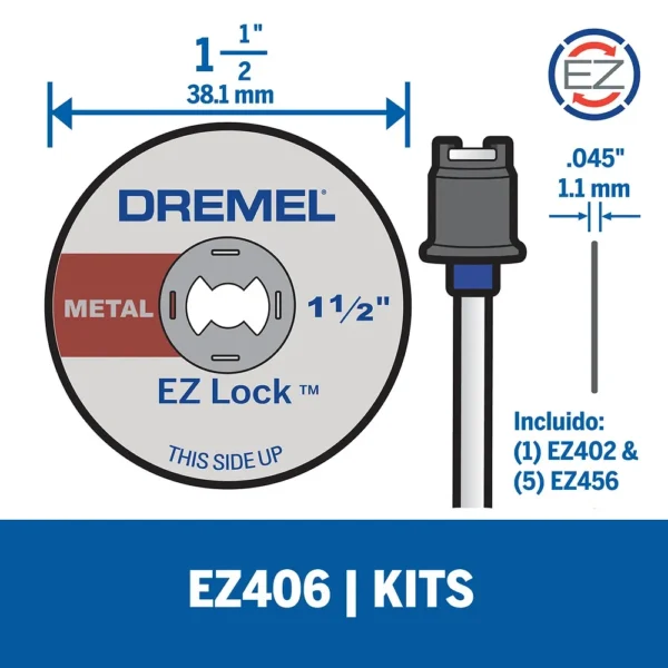 Kit de Discos de Corte 11/2" 5 Unid EZ-LOCK RA + Mandril Dremel EZ406 2615.E40.6AD-000
