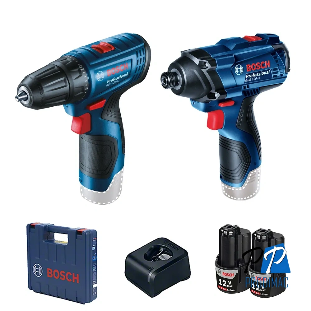 Atornillador de Impacto 1/4" Hex + Taladro Atornillador 3/8" 12V + 2 Bat y Carg Bosch 0601.9G8.0E4-000