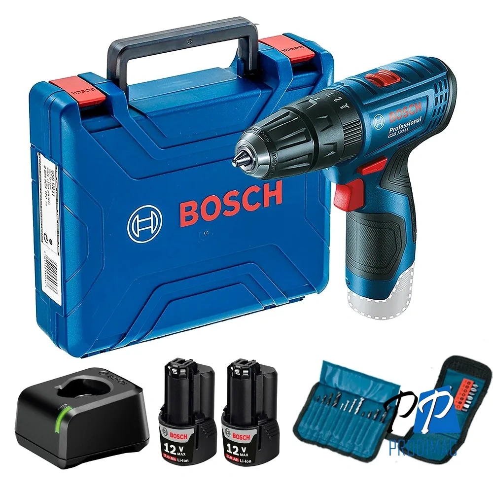 Taladro Percutor 0,1" 12V Inc 2 Bat + 1 Carg + Kit de 23 accs Bosch GSB 120-LI 0601.9G8.1E2-000