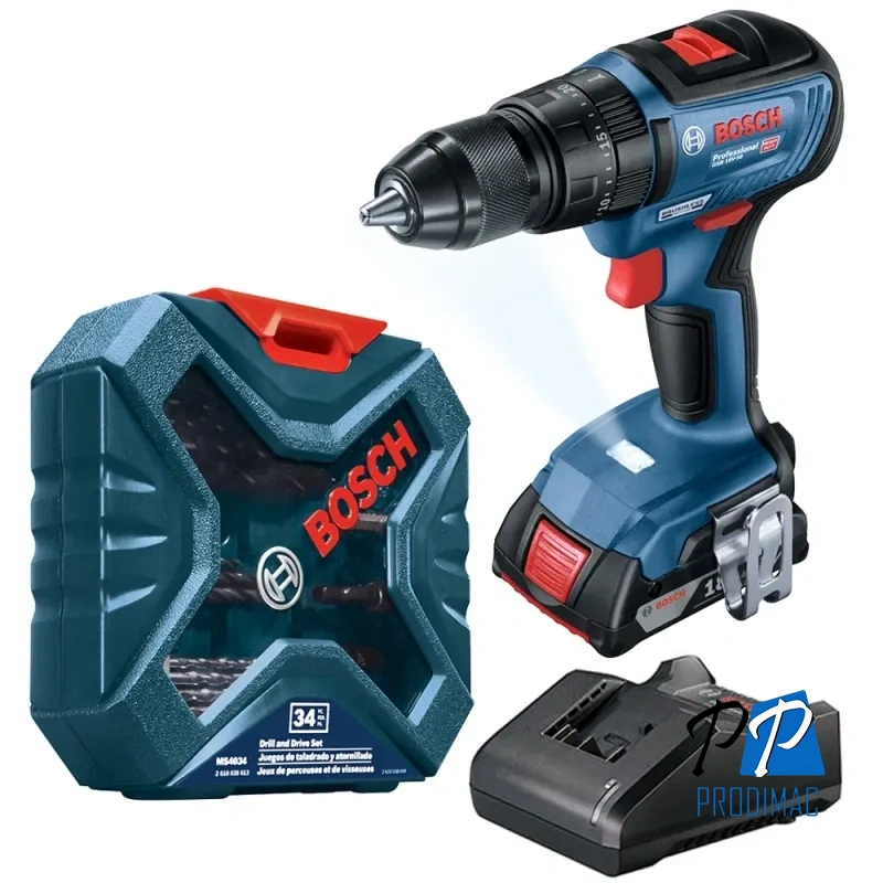 Taladro Percutor 1/2" 18V Brushless Incl 1 Bat + carg GSB 18V-50 + Set de Brocas y Puntas x 34 Pzs X-LINE Bosch 0615.A00.1ZV-000