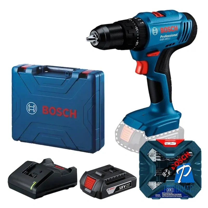 Taladro Percutor 3/8" 18V Inc Bat 2.0 Ah GSB 183-LI + Set X-Line 34 Piezas Bosch 0615.A00.2AC-000