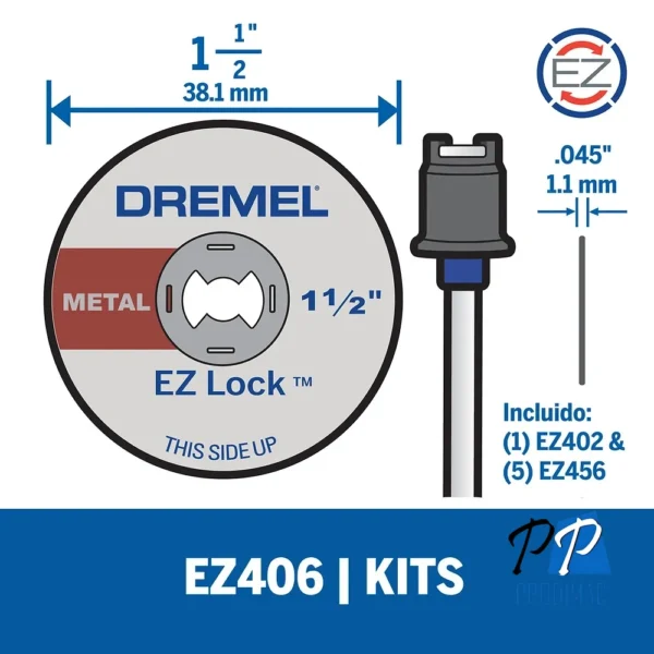 Kit de Discos de Corte 11/2" 5 Unid EZ-LOCK RA + Mandril Dremel EZ406 2615.E40.6AD-000