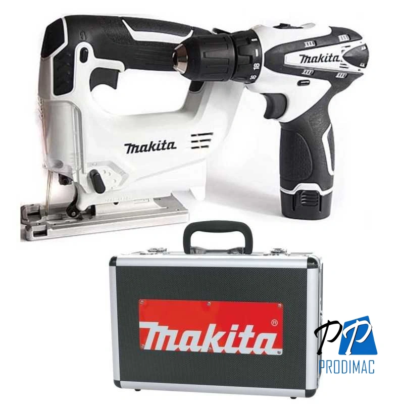 Taladro Percutor HP330DW + Sierra Caladora JV100DW 12V Blanco + Maleta de Aluminio DK1496WX
