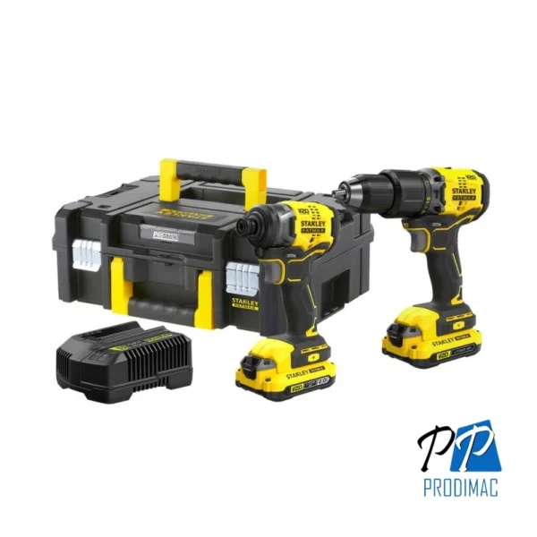 Taladro Impacto 20V + Taladro Percutor 13mm Fatmax + 2 Baterías 2AH + Cargador 2A + Maleta T-Stak SISTEMA V20 Stanley