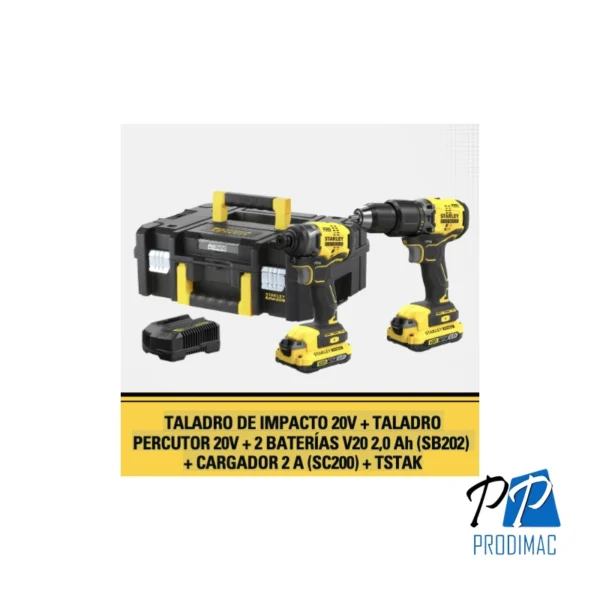 Taladro Impacto 20V + Taladro Percutor 13mm Fatmax + 2 Baterías 2AH + Cargador 2A + Maleta T-Stak SISTEMA V20 Stanley